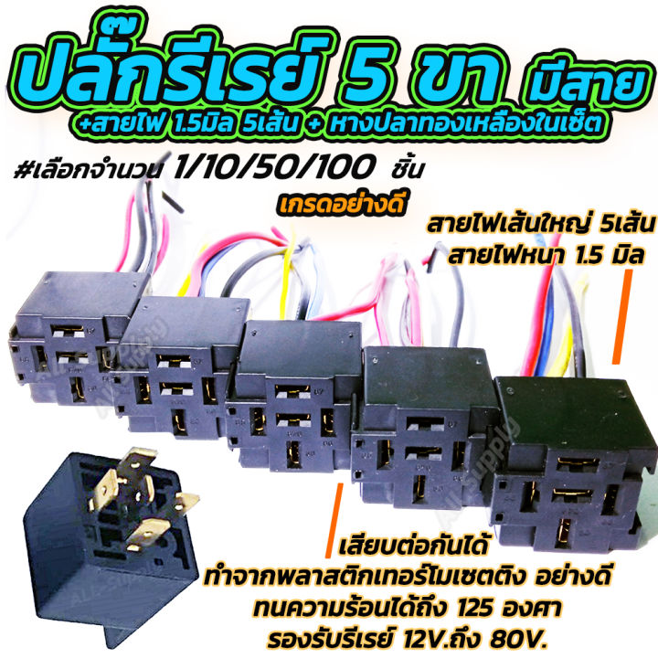 ปลั๊กรีเลย์-ปลั๊กรีเรย์-5ขา-สายไฟ-1-5-sq-mm-5-เส้น-เลือกจำนวน-1-10-100-ชิ้น-ขั้วไฟ-รีเลย์-รีเรย์-สายรีเลย์-สายรีเรย์-สำหรับรถยนต์-มอไซ-สายไฟ-หางปลา