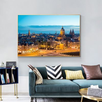 Amsterdam Skyline Landscape Poster Netherlands Night View Cityscape Canvas Painting Prints Wall Art Pictures for Home Decor