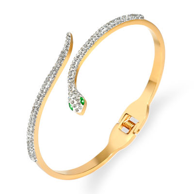 FYSARA Snake Green Eyes Bangles &amp; Bracelets CZ Full Crystal Summer Clasp Stainless Steel Bracelet for Women Jewelry Accessories