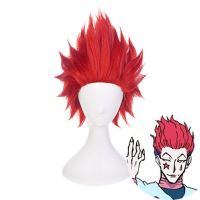 Hisoka วิกผมคอสเพลย์ Hunter X Hunter Hisoka สั้นวิกผมสังเคราะห์ทนความร้อนได้สีแดง + ตาข่ายคลุมผมสำหรับใส่วิก