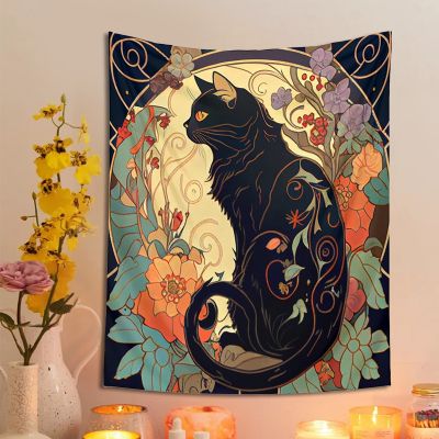 พรมรูปแมวดำที่ทำให้เคลิบเคลิ้มไปแขวนผนัง Art Nouveau กุหลาบและแสงแดดรูปสัตว์ตกแต่งผนังดอกไม้ตกแต่งบ้านของขวัญคนรักแมว
