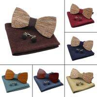 Mens Wooden Bow Tie Set 100% Handmade Soft Microsuede Pocket Square Velvet Wood Bowtie Cufflinks Wedding Party Shirt Accessory Boys Clothing