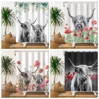 Farmhouse Highland Cow Shower Curtain Funny Bull Cattle Floral Leaves Decor Country Style Bothroom Curtain 180x180cm With Hooks