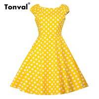 【Ladies shop】 TonvalUpYellowWomen Cap Sleeve 2020CottonPolka DotRetro Dresses