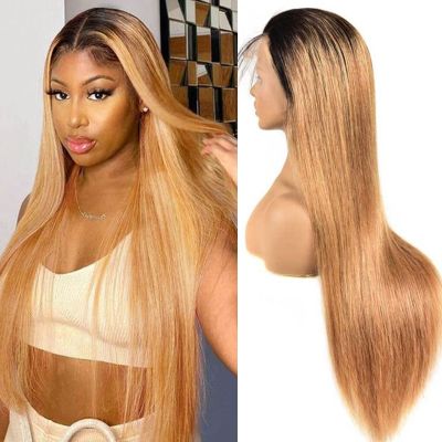 【jw】✒  Ombre Hd Front Human Hair Wigs 1B/99J 27 Honey Blonde Straight Glueless Sale Frontal Wig