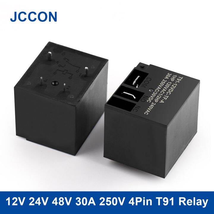 10Pcs 12V 24V 48V DC Power Relay 30A 250VAC 4Pin Relays PCB Type Black Automobile Relay T91