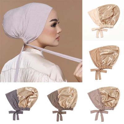 【YF】 Double Layer Muslim Satin Hijab Cap Full Cover Inner Hat Head Wear Stretch Turban Underscarf Bonnet Straps Headband