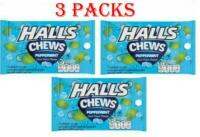 3 x Halls Chews Peppermint Cool Fruit Flavor Chewy Candy..3 ซอง ฮอลล์ชิวส์ลูกอบเคี้ยวหนึบกลิ่นเปปเปอร์มินต์ 15กรัม