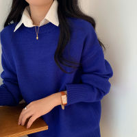 round Collar, Blue Sweater Womens Autumn and Winter Pullover Wide Rac