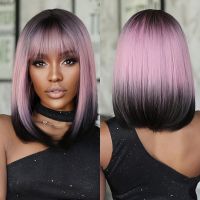 【jw】﹍▼ Pink Ombre Short Straight Synthetic Wigs with Bangs Bob Wig for Resistant Fake Hairs