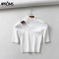 Aproms Candy Color High Neck Ribbed Knitted T-shirt Women Sexy Short Sleeve Strench Tshirt Ladies Streetwear White Crop Top 2021