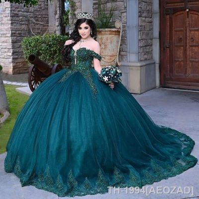 ✷▨❖ AEOZAD Vestido de renda puffy sem ombro com beading baile princesa doce 15 anos verde esmeralda sexy vestidos quinceanera querida