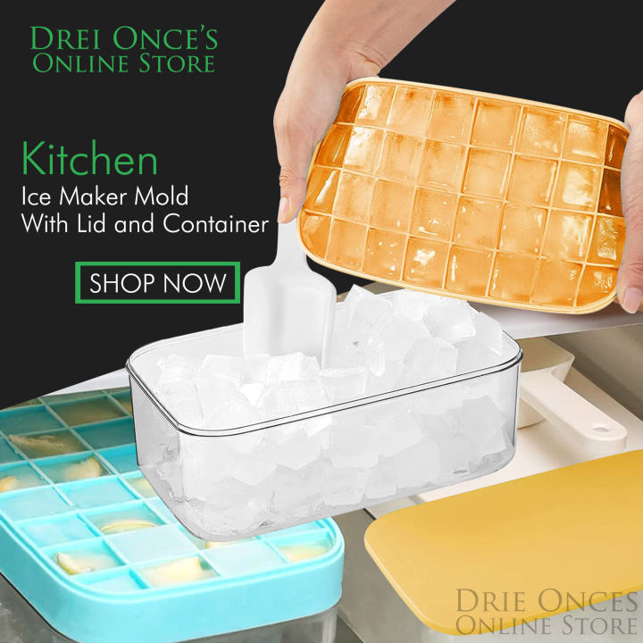 Ice Cube Bin Bucket Trays - Ice Holder, Container, Storage for Freezer,  Refrigerator with Scoop, Lids