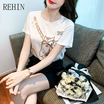 REHIN เสื้อยืดลำลองผู้หญิง,สีขาวคอกลมหลวมอเนกประสงค์แฟชั่นสไตล์เกาหลีแบบใหม่ฤดูร้อนแขนสั้น