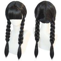 Anogol Synthetic Wednesday Addams Cosplay Wig Movie The Addams Family Long Black Braids Hair with Bangs for Halloween Party Wig  Hair Extensions Pads