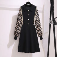 Elegant Knitted Dress Women Autumn and Winter  Print Long Sleeve Patchwork Black Turn-down Collar A-Line Sweater Dresses