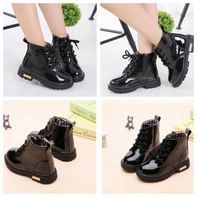 Girls Boots Infant Toddler Kids Fashion Pu Leather Boots Black Rosy Non-slip Flat Rubber Shoes Size 21-37 Big Size