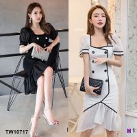 GN10717  **รบกวนสอบถามก่อนสั่งซื้อจ้า**  Maxi Dress คอเหลี่ยมกุ้นขอบชายระบายหางปลา Square Neck Dress