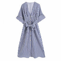 2021TRAF Summer Dress 2021 Za Women Linen Striped Midi Dress Woman Sexy V Neck Robe Short Sleeve With Belt Plus Size Casual Dresses