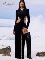 【YF】 Ailigou 2022 Fall Winter New Style Womens Sexy O Neck Cutout Black Beaded Long Bodyband Dress Elegant Celebrity Party