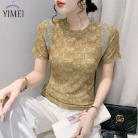 YIMEI เสื้อยืดแขนสั้นเจาะรูสำหรับผู้หญิง,คอกลมใหม่2023สไตล์ยุโรปใส่บางเฉียบพอดีตัวและตาข่ายบางเทรนด์เสื้อเชิ้ตตัวเล็ก