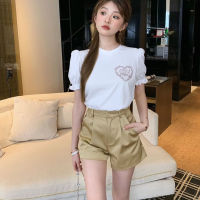 【Original Label】T-shirt Womens 23 Summer New Product Pink Crystal Diamond Heart Letter Decoration Bubble Short Sleeves with High Waist Work Shorts