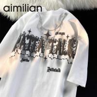 ☫ aimilian100 cotton ins อินเทรนด์สไตล์ฮาราจูกุพิมพ์ตัวอักษรเสื้อยืดแขนสั้นชายและหญิง bf ท็อปส์ซู