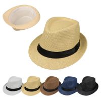 Fashion 58Cm Men Straw Hat Women Summer Trendy Beach Sun Hats Solid Color Fedoras Ribbon Casual Cowboy Jazz Cap Soft Shaped