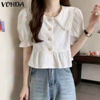 (จัดส่งฟรี)Fancystyle VONDA เสื้อผู้หญิงแขนสั้นลำลองปกกลีบเสื้อลูกไม้เล็กๆอเนกประสงค์เสื้อสีทึบ