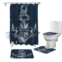 Nautical Anchor Blue Waterproof Shower Curtain Rug Set Non-slip Bath Mat Toliet Cover Bathroom Shower Curtains