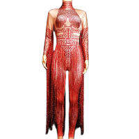 Shining Rhinestone Red Fringe Jumpsuits ผู้หญิงแขนยาวยืด Leotard Nightclub นักร้อง Pole Dance Stage สวมเครื่องแต่งกายพู่