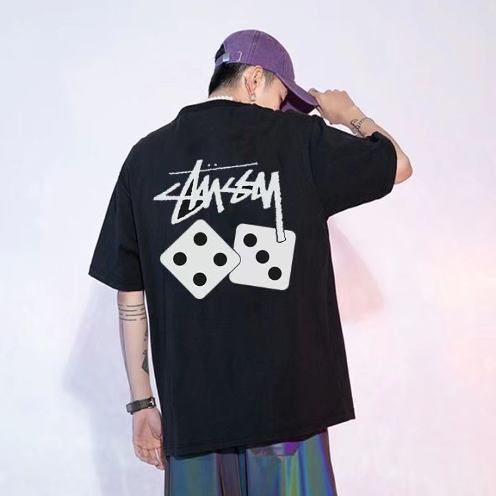 ลูกเต๋าขนปุย-stussy-เสื้อยืดผ้ากำมะหยี่ลูกเต๋าสามด้านผู้ชายและผู้หญิงเทรนด์แขนสั้นลำลองเสื้อยืดความงาม-stussy