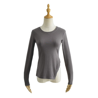Autumn Sexy Fashion Women Hem Oblique Slit T-shirt Skinny Cotton O neck Slim Tee Base T-shirts Black White Gray