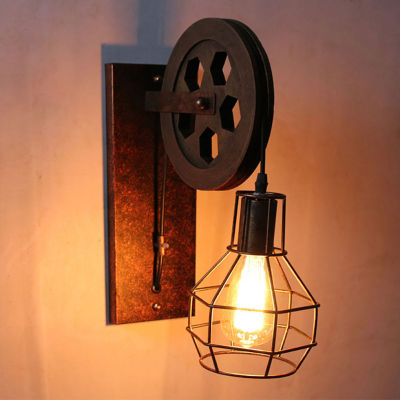 Retro Industrial Wall Lamp Vintage Pulley Wrought Iron Lampshade Atmosphere Light Fixture Restaurant Living Room Decoration