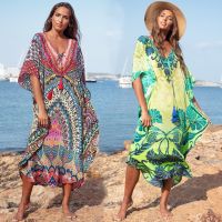 ♔ 2021 Moroccan Kaftan Bohemian Printed Summer Dress Long Tunic Women Plus Size Beach Wear Swim Suit Cover Up Robe de plage