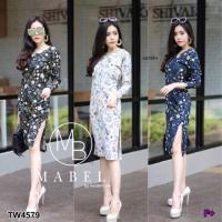 P4579 เดรสลายดอก ผ่าข้าง floral dress side slit