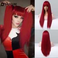 ☫㍿♛ HAIRCUBE Long straight Cosplay Synthetic Wigs Wine Red Fake Hair Wigs for Women With Bangs Halloween Heat Resistant Fiber Wigs