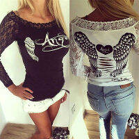 New Arrival Womens T-shirt Back Hollow Angel Wings T-shirt Tops Summer Style Woman Lace Full Sleeve Tops T shirts Clothing