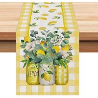 Summer Lemon Vase Linen Table Runners Holiday Party Decorations Yellow Buffalo Check Dining Table Runners Kitchen Table Decor