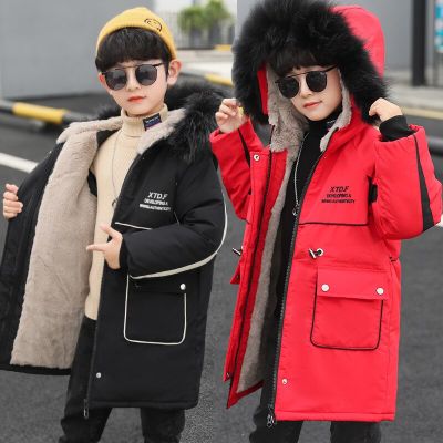3 -14 Years Very Keep Warm Winter Boys Jacket 2023 Teenager Mid-Length Plus Velvet Thick Fur collarHooded Cotton Coat For Kids