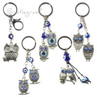 【2023】BRISTLEGRASS Turkish Blue Evil Eye Rhinestone Owl Keychain Car Key Chain Ring Holder Amulet Charm Hanging Pendant Blessing ！