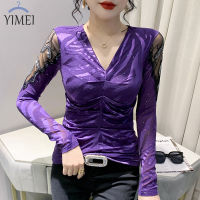 YIMEI เสื้อผู้หญิงคอวีเปิดไหล่,เสื้อยืดเพชรที่สวยงามฤดูใบไม้ร่วงแบบรัดรูปสีม่วง2023แขนยาว