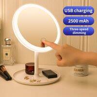 LED Makeup Mirror Three Color Light Adjustable Touch Dimmer USB Charging 5 Times Magnifying Glass With Storage Rotatable Mirror Pens