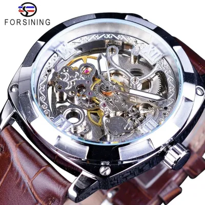 Forsining นาฬิกาโครงกระดูกเงินนาฬิกากันน้ำหนังแท้สีน้ำตาลอัตโนมัติ,นาฬิกาไขลานอัตโนมัติสำหรับผู้ชายนาฬิกาข้อมือเล่นกีฬา Kk88