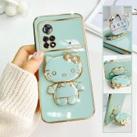 For Xiaomi Poco X4 Pro 5G Mobile Phone Case Fashion Temperament Plating TPU Advanced Rotary Stand Makeup Mirror Hello Kitty Folding Mirror Stand Net Red New Couple Gift Soft Touch Anti slip Anti fall Protective Case