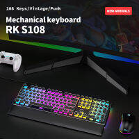 RK Royal Kludge S108เครื่องพิมพ์ดีดสไตล์ย้อนยุคคีย์บอร์ดเล่นเกมกลสวิตช์สีฟ้ามีสายที่มีไฟ RGB Backlit จริงพับได้ส่วนที่เหลือของข้อมือ108คีย์รอบ