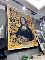 〖Queena carpet〗พรมลายกราฟฟิตีสไตล์ Mona Lisa,เสื่อชายหาดสไตล์โบฮีเมียนแขวนผนังผ้าห่มโพลีเอสเตอร์เสื่อโยคะพรมศิลปะห้องนอนในบ้าน