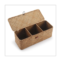 2Pcs 3 Grids Hand-Woven Water Hyacinth Baskets Storage Basket Straw Storage Basket Hand-Woven Rice Table Storage Basket, with Lid