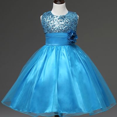 〖jeansame dress〗ใหม่เลื่อมดอกไม้ผ้าชุดสำหรับเด็กสาวฤดูร้อนพิธีอย่างเป็นทางการสีฟ้าเด็ก39; S ชุดเสื้อผ้าของขวัญงานเลี้ยงวันเกิด