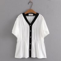 【มีไซส์ใหญ่】Plus Size XL-4XL Womens Short Sleeve White Black Summer Blouses Ladies V-neck Office-wear Female Tops